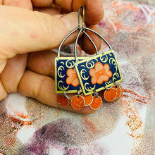 Load image into Gallery viewer, Vintage Poppy on Blue Blue Rectdangles Upcycled Tin Earrings