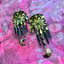 Load image into Gallery viewer, Midnight Golden Starburst Hands &amp; Moons Zero Waste Tin Earrings