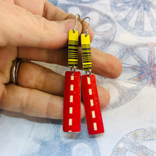 Load image into Gallery viewer, Yellow Bar Code &amp; Red Dashed Rectangles Recycled Tin Earrings