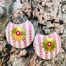 Load image into Gallery viewer, Golden Medallions on Striped Cotton Candy Circles Upcycled Tin Earrings