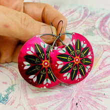Load image into Gallery viewer, Midnight Mandala on Magenta Circles Upcycled Tin Earrings