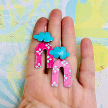 Load image into Gallery viewer, Turquoise Clouds &amp; cerise Horseshoes Upcycled Tin Earrings