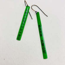 Load image into Gallery viewer, RESERVED Bright Green Kanji Long Narrow Tin Earrings