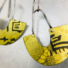 Load image into Gallery viewer, Lacey Yellow Chinese Characters Little Us Upcycled Tin Earrings