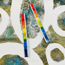 Load image into Gallery viewer, Rainbow Fenced White Edge Narrow Rectangle Tin Earrings