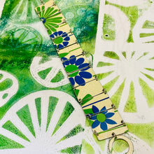 Load image into Gallery viewer, Mod Blue &amp; Green Flowers Upcycled Tin Bracelet