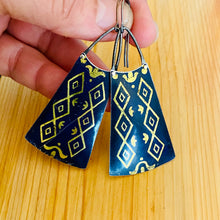 Load image into Gallery viewer, Golden Diamonds on Midnight Blue Upcycled Tin Long Fans Earrings
