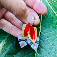 Load image into Gallery viewer, Antique Gold &amp; Sunburst Reuleaux Triangle Upcycled Teardrop Tin Earrings