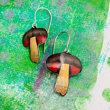 Load image into Gallery viewer, Tiny Red Gilled Mushrooms Upcycled Tin Earrings