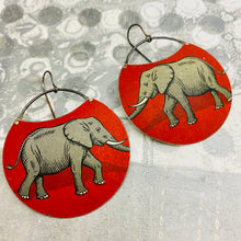 Load image into Gallery viewer, Elephants on Scarlet Circles Upcycled Tin Earrings