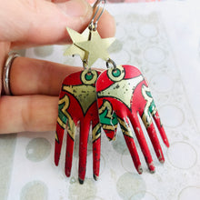 Load image into Gallery viewer, Vintage Red Hand Golden Stars Talisman Zero Waste Tin Earrings