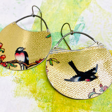 Load image into Gallery viewer, Songbirds on Golden Pattern Circles Upcycled Tin Earrings