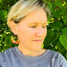 Load image into Gallery viewer, Mod Birds on Goldenrod Crescent Circles Upcycled Tin Earrings