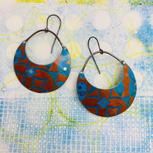 Load image into Gallery viewer, Patterned Blue &amp; Rusty Orange Crescent Circles Tin Earrings
