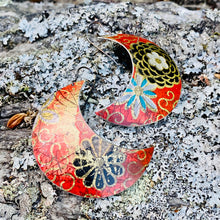 Load image into Gallery viewer, Midnight Zinnias on Red Big Moons Upcycled Tin Earrings
