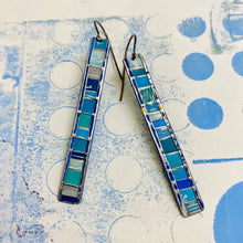 Load image into Gallery viewer, Fenced &amp; Folded Blues Rectangle Tin Earrings