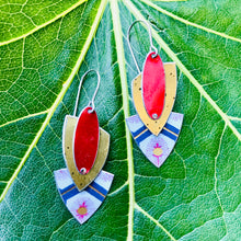 Load image into Gallery viewer, Antique Gold &amp; Sunburst Reuleaux Triangle Upcycled Teardrop Tin Earrings