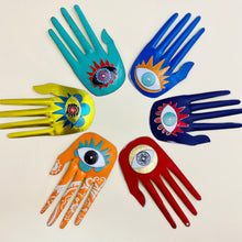 Load image into Gallery viewer, Large Hamsa In Shimmery Lemon &amp; Peacock Tin Wall Art