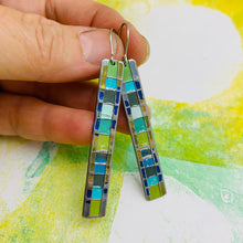 Load image into Gallery viewer, Fenced &amp; Folded Mixed Greens Narrow Rectangle Tin Earrings