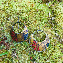 Load image into Gallery viewer, Scarlet Flowers on Antique Gold Upcycled Tin Crescent Circle Earrings