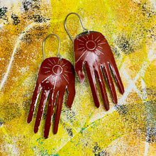 Load image into Gallery viewer, Rust Sunburst Hands Talisman Tin Earrings