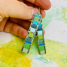Load image into Gallery viewer, Fenced &amp; Folded Mixed Greens Rectangle Tin Earrings