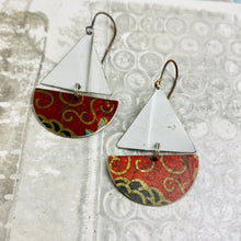 Load image into Gallery viewer, Rustic Red &amp; Golden Swirls Upcycled Tin Sailboat Earrings