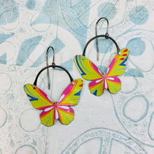 Load image into Gallery viewer, Chartreuse &amp; Magenta Small Butterflies Upcycled Tin Earrings