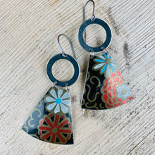 Load image into Gallery viewer, Stylized Flowers on Midnight Small Fans Tin Earrings
