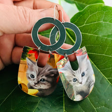Load image into Gallery viewer, Gray Kittens Chunky Horseshoe Tin Earrings