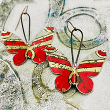 Load image into Gallery viewer, Rustic Red &amp; Gold Butterflies Upcycled Tin Earrings