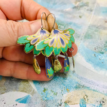 Load image into Gallery viewer, Green &amp; Golds Botanical Tin Chandelier Earrings