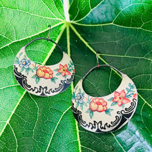 Load image into Gallery viewer, Midnight Edged Flowers Crescent Circles Upcycled Tin Earrings