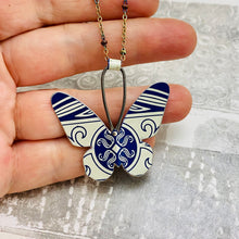 Load image into Gallery viewer, Navy &amp; Cream Small Butterfly Upcycled Tin Necklace