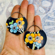 Load image into Gallery viewer, Big Blossoms On Midnight Blue Circles Upcycled Tin Earrings