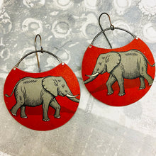 Load image into Gallery viewer, Elephants on Scarlet Circles Upcycled Tin Earrings