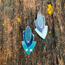 Load image into Gallery viewer, Shimmery Teal Reuleaux Triangle Upcycled Teardrop Tin Earrings
