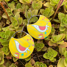 Load image into Gallery viewer, Mod Birds on Goldenrod Crescent Circles Upcycled Tin Earrings