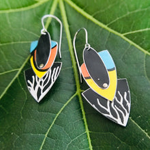 Load image into Gallery viewer, Black &amp; White Branches Reuleaux Triangle Upcycled Teardrop Tin Earrings