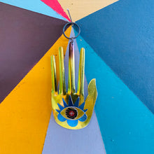 Load image into Gallery viewer, Large Hamsa In Shimmery Lemon &amp; Peacock Tin Wall Art