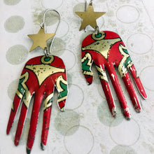 Load image into Gallery viewer, Vintage Red Hand Golden Stars Talisman Zero Waste Tin Earrings