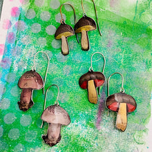 Load image into Gallery viewer, Tiny Spotty Capped Mushrooms Upcycled Tin Earrings