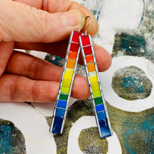 Load image into Gallery viewer, Rainbow Fenced White Edge Narrow Rectangle Tin Earrings