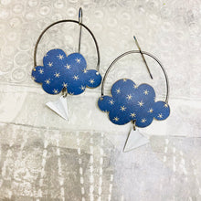Load image into Gallery viewer, Asterisks on Faded Denim Clouds &amp; Paper Airplanes Tin Earrings