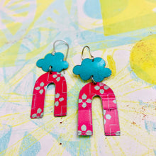 Load image into Gallery viewer, Turquoise Clouds &amp; cerise Horseshoes Upcycled Tin Earrings