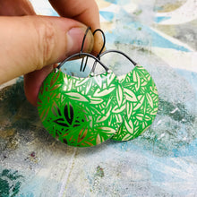 Load image into Gallery viewer, Mirrored Golden Bamboo Leaves Circles Upcycled Tin Earrings