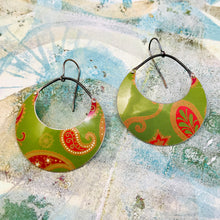 Load image into Gallery viewer, Pink Paisley on Matcha Crescent Circles Upcycled Tin Earrings