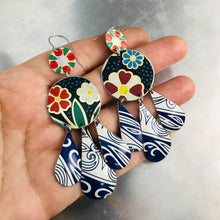 Load image into Gallery viewer, Mixed Dark Blues &amp; Flowers Zero Waste Tin Chandelier Earrings