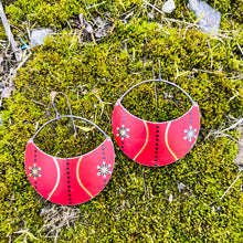 Load image into Gallery viewer, Scarlet with Gold &amp; Black Circles Upcycled Tin Earrings