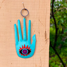 Load image into Gallery viewer, Large Hamsa In Tuquiose &amp; Red Tin Necklace or Wall Art